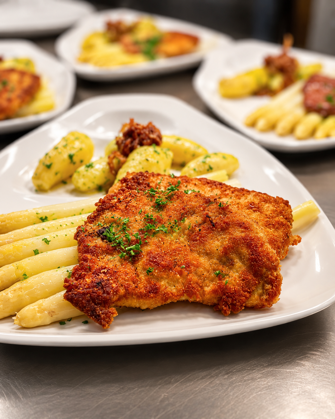 Schnitzel mit Spargel und Kartoffeln